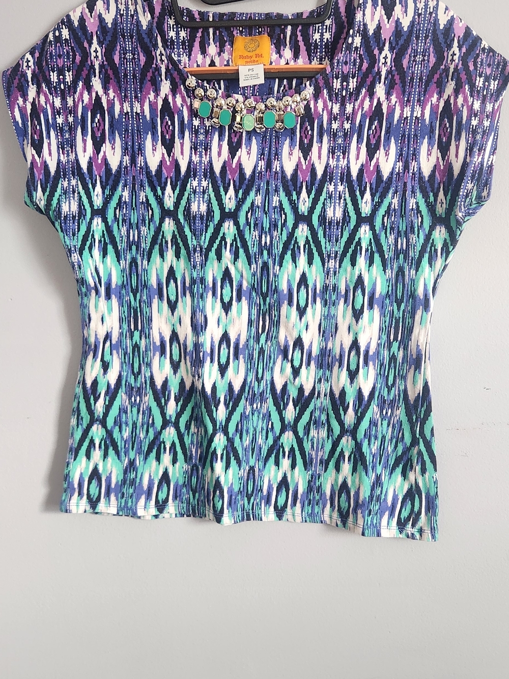 Ruby Rd. Beaded Neck Ikat Shell Top - Navy, Teal & Purple